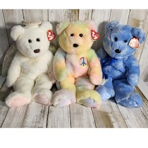 RARE! Ty Original Beanie Buddies Collection 14' Angel Peace Blue Bear w/errors